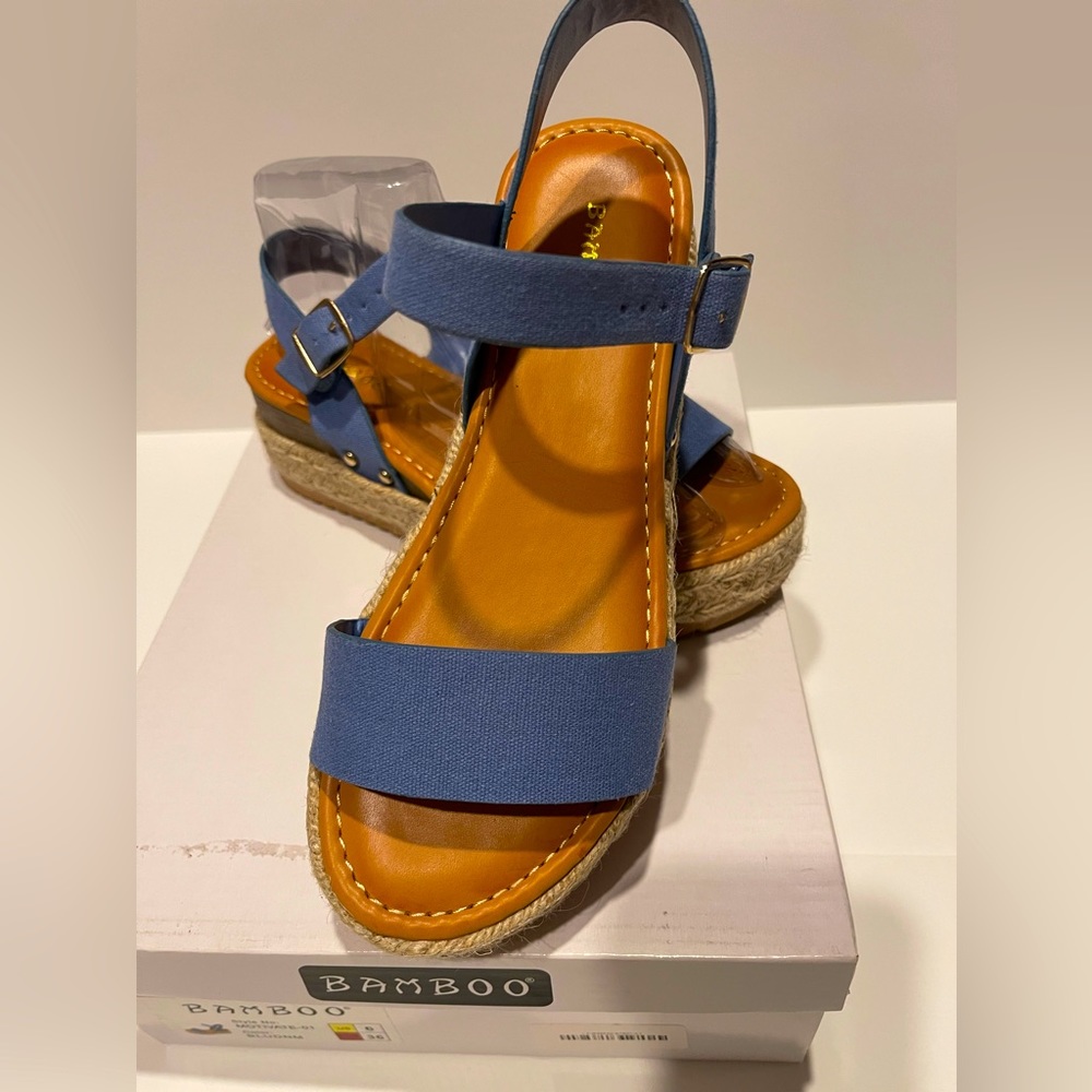 BAMBOO Blue and Tan Espadrille Wedge Sandals